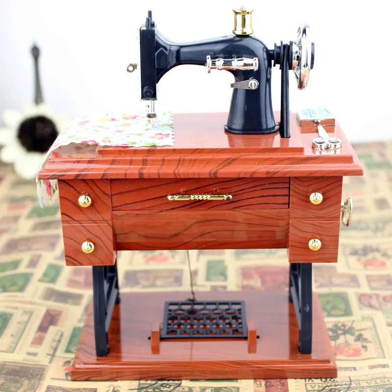 

Retro nostalgia imitation wood sewing machine model building kits music box music box creative Diy girl Gift Toys for Children