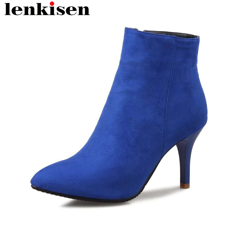 

Lenkisen zip pointed toe high heels flock solid large size graceful lady career dress women winter autumn brand ankle boots L63