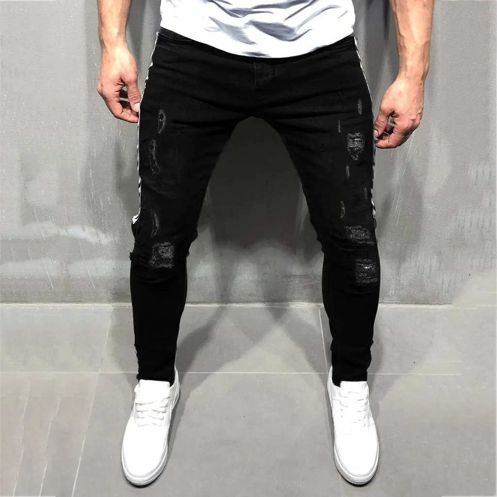 

Feitong new Men's Pants Fashion Denim Cotton Straight Hole 2019 Male Trouser Distressed Jeans Long Pant Clothes Streetwear