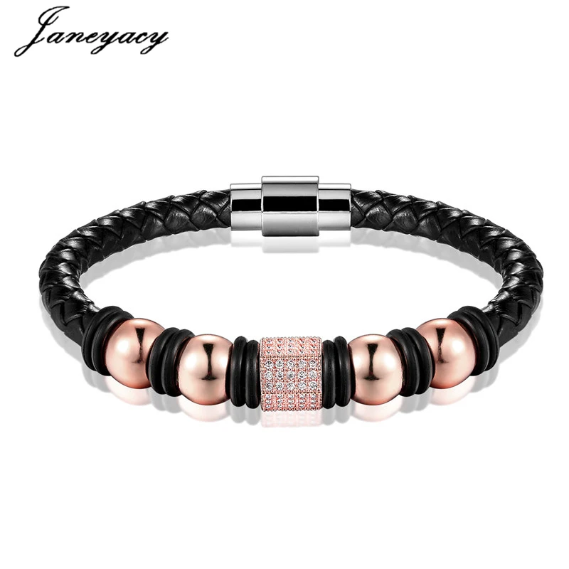 

Janeyacy 2018 New Accessories Casual Leather Bracelet Men's Fashion Punk Zircon Bracelet Women CZ Bracelet Hombres Pulsera