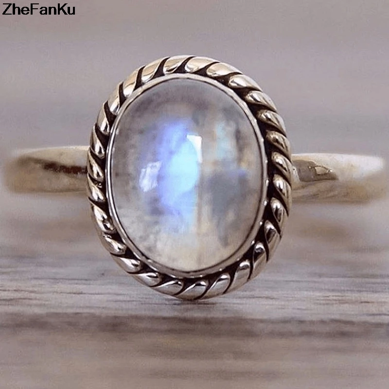 

Vintage Punk Women Moonstone Ring Oval Natural Stone Wedding Band Female Finger Ring Engagement Party