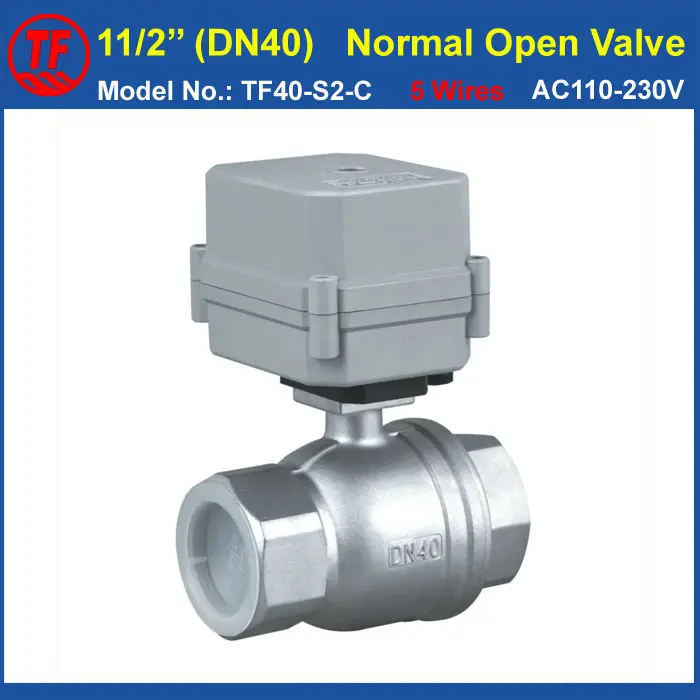 

AC110V-230V 5 Wires Stainless Steel 1-1/2'' (DN40) Electric Normal Open Ball Valve 2-Way Full Port Metal Gear 10Nm CE, IP67