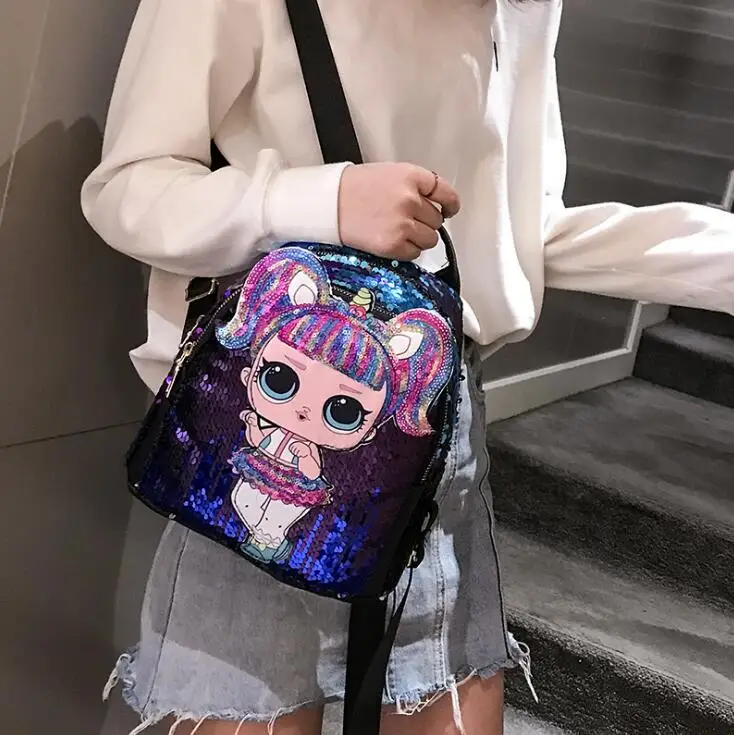 

2019 New Bling Sequins Backpack Women New Glitter Doll Pattern Travel Bag Girls Cute PU +Sequins Large School Bag Mochilas