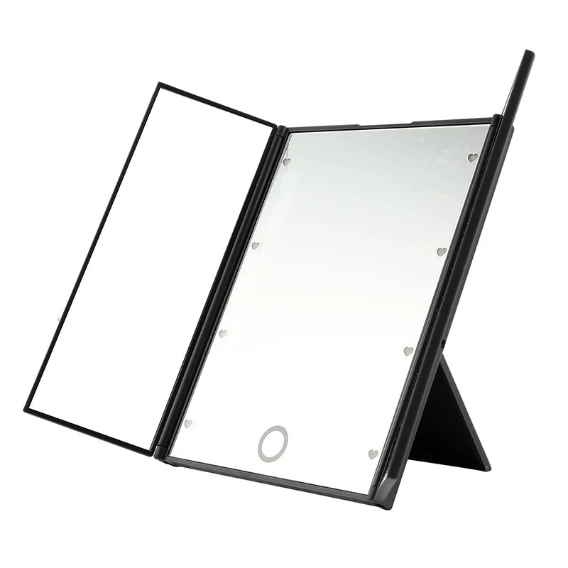 New Travel Fold Cosmetic Mirror Tri Fold Makeup Mirror with LED Light Portable Travel Compact