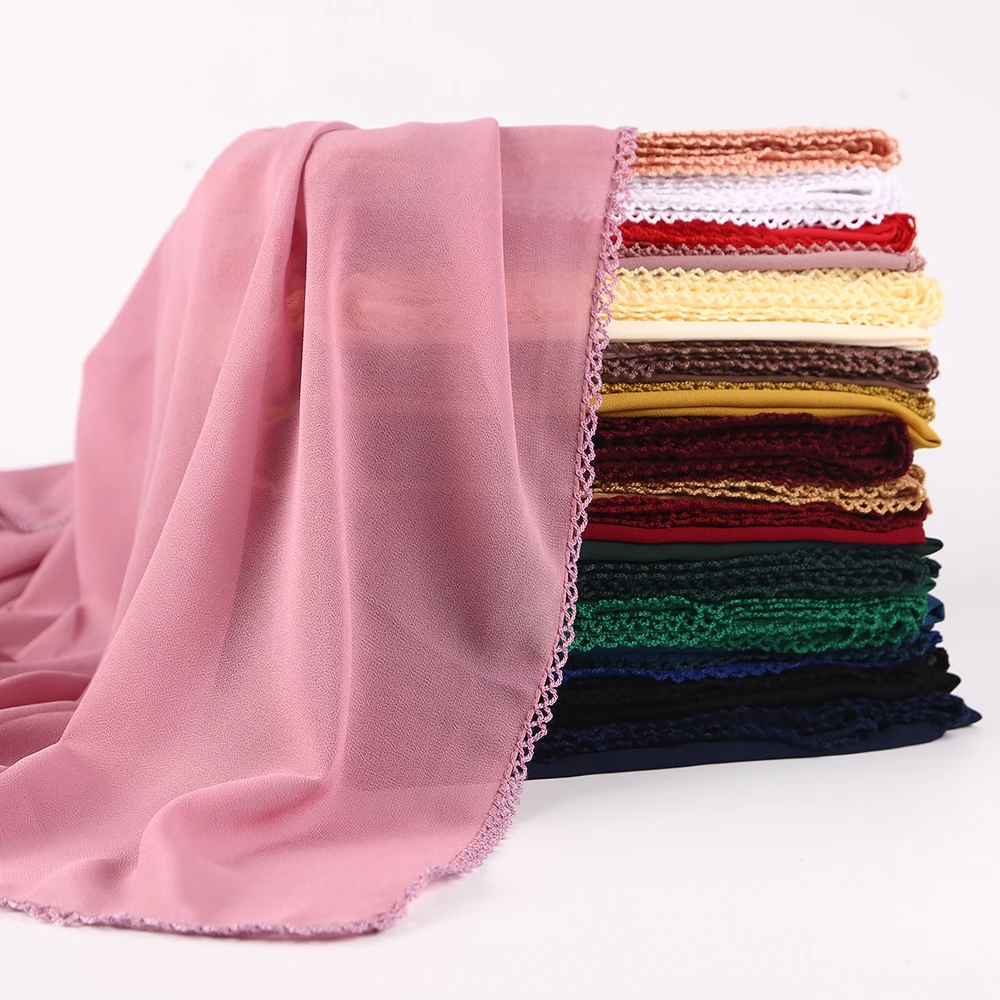 

1 pc Fashion Women Bubble Chiffon Lace Edges Scarf Muslim Hijab Long Wrap Shawls Plain Headband Scarves wholesale 180*75cm