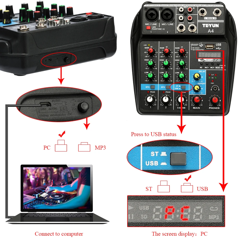 TU04 BT микшерный пульт записи 48 В Phantom power Monitor AUX Paths Plus Effects 4 канала аудио микшер с USB