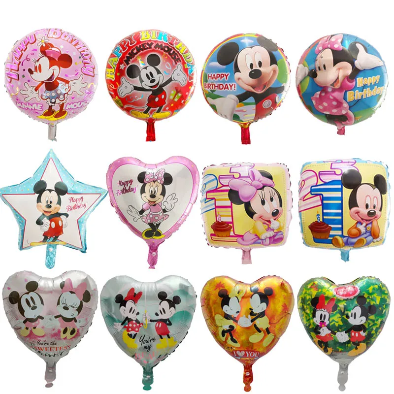 

10Pcs 18inch Mickey Minnie Mouse Balloons Head Cartoon Round Heart Foil Balloon Birthday Party Decorations Kids 1st Toys Globos