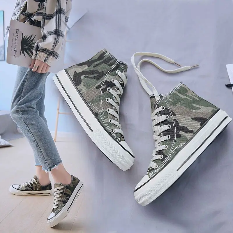 

Spring/Autumn Women Casual Shoes Breathable High Top Sneakers Lace Up Canvas Shoes Female Fashion Camouflage Flats Women BX37