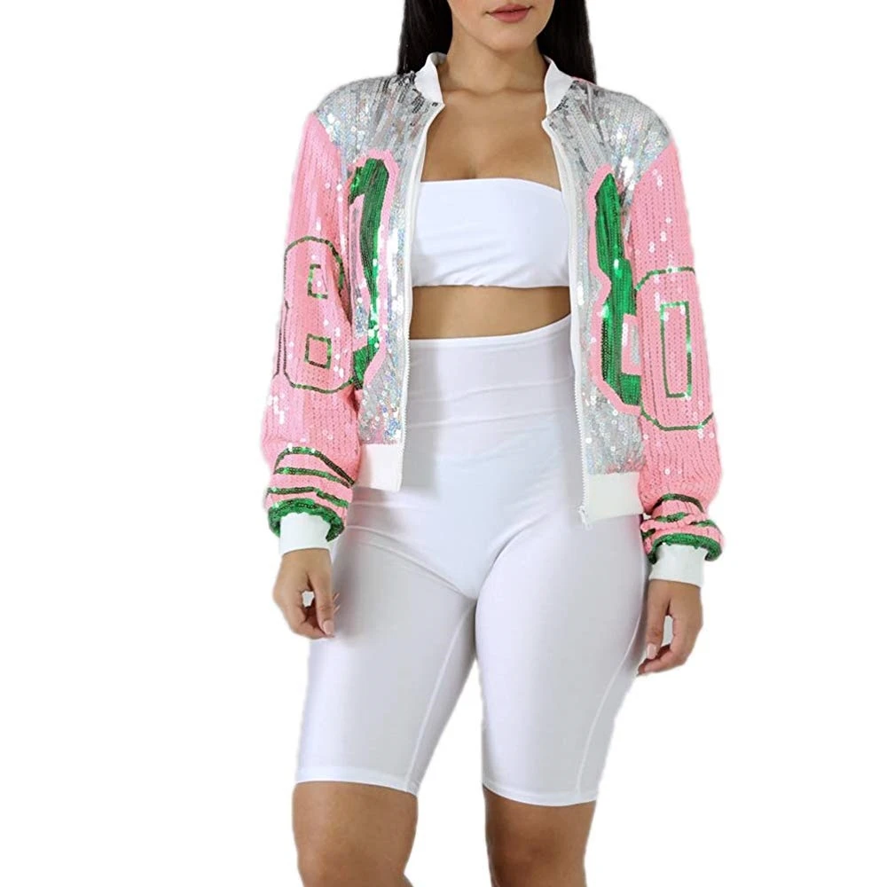 

Women Casual Silver Pink Green 08 Number Sequin Jacket Long Sleeve Zipper Club Party Coat Outwear Loose Sequined Bomber Jacket
