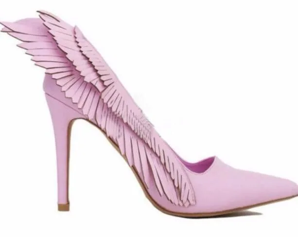 Sexy pink high heel women shoes super high thin heels slip-on pointed toe wings decoration women shoes catwalk shoes stilettos