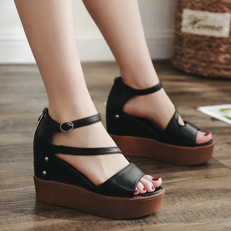 

Fashion Peep Toe Ankle Strap Super High Platform Wedges Women Sandals Buckle Buckle Strap Women Shoes Summer Solid Sandals