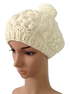 BomHCS Autumn Winter Pure White Warm 100%Hand Knit Beanie Hat Fashion Hats Caps