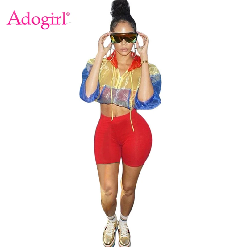 Adogirl التباين اللون النساء رياضية الجبهة زيبر شير طويلة الأكمام مقنعين سترة المحاصيل أعلى + السراويل عارضة 2 قطعة مجموعة وتتسابق