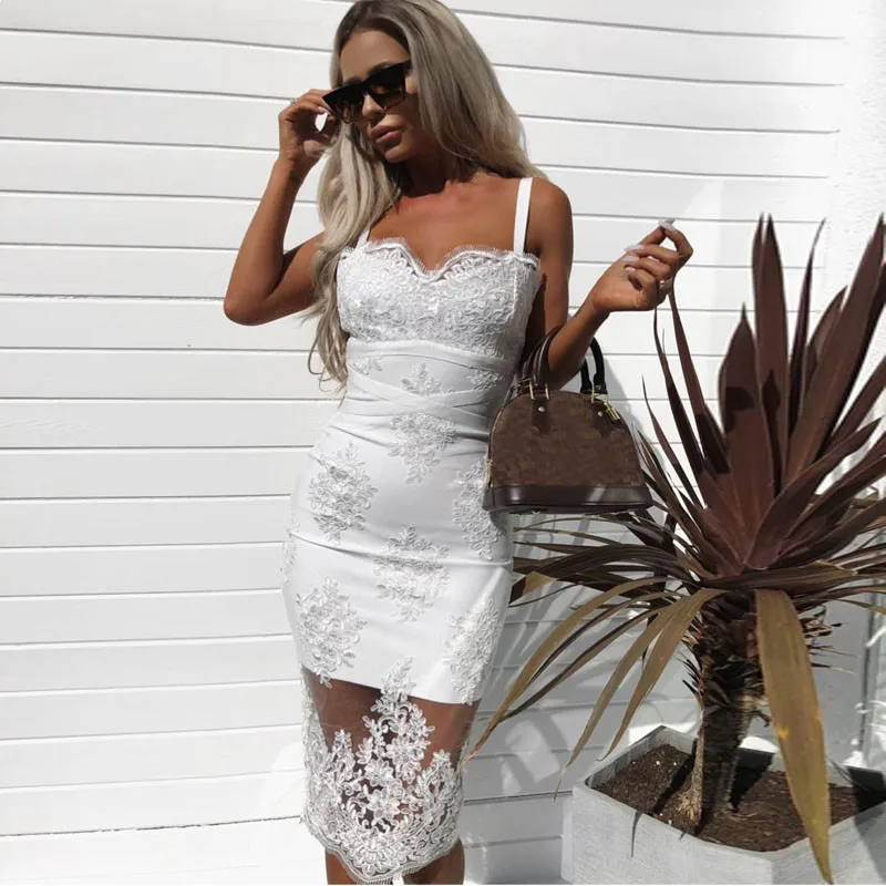 

Luxury Elegant Embroidery Lace Dresses Summer Sexy Spaghetti Strap Mesh Women's Bodycon Bandage Dress Skinny Midi Pencil Dress