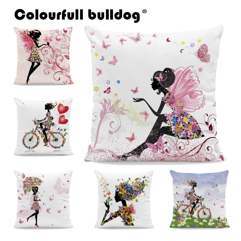 

Charming Girl Throw Pillows Pink Butterfly Cute Daisy Cushion Covers Ride Bike Pillow Case Flower Living Room Office Couch Decor