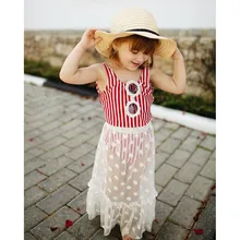 Детские купальники для девочек, пляжная одежда, купальный костюм для девочек, Цельный купальник в полоску, фатиновое платье, комплект из 2 предметов, L528