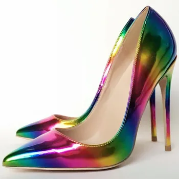 

Keshangjia Point Toe Color Stripes12cm 10cm 8cm High Heels Pumps Women Nightclub Sexy Shoes Woman Plus Size 34-43