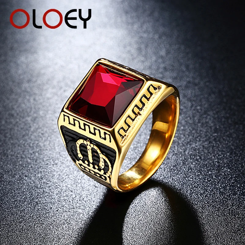 Classic Retro Rings for Men Black/Red Square Stone Titanium Steel Signet Ring Mens Gold-Color Crowm Stainless Steel Wedding Band