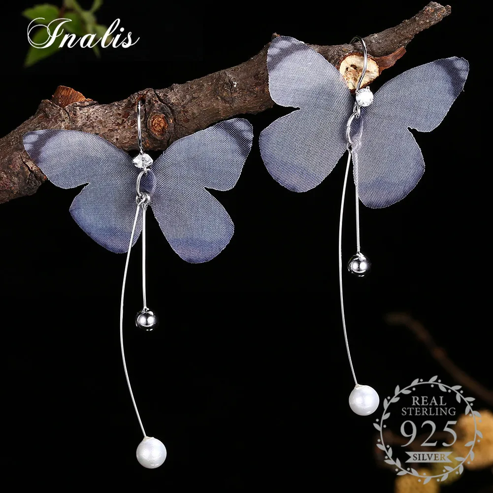 

INALIS Trendy Temperament 925 Sterling Silver Dangle Earrings Insect Butterfly Simulated Pearl Women Fashion Jewelry Aretes