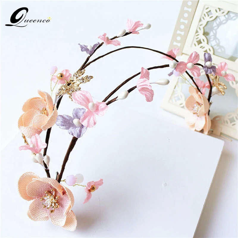 

Handmade Pink Flower Bridal Hair Jewelry Gold Leaf Tiara Bridal Headpiece Fabric Wedding Hair Accessories Prom Hairbands