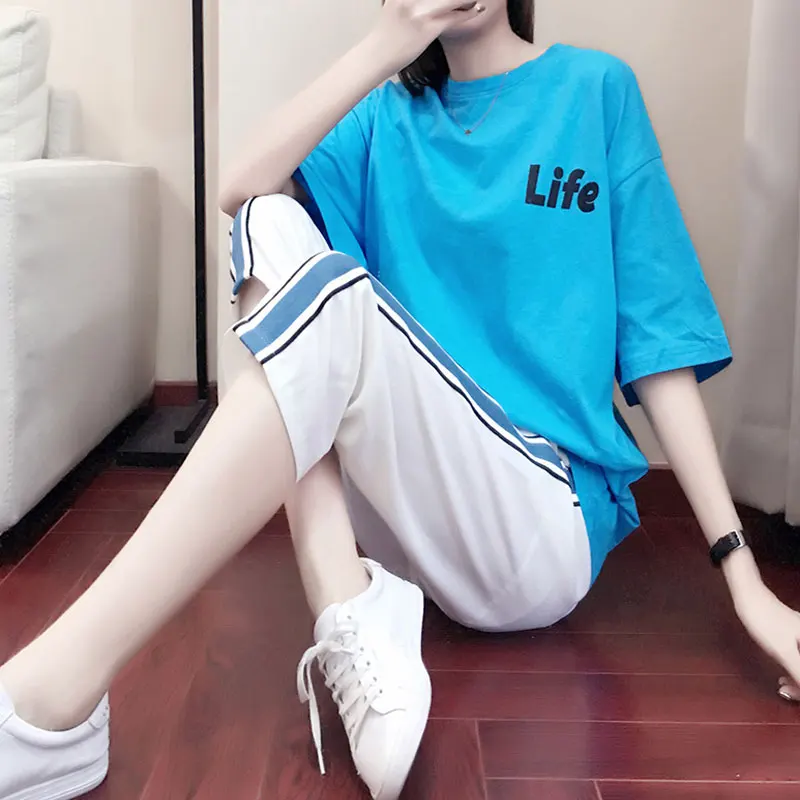 بدلة رياضية الصيف 2019 جديد أزياء فضفاضة الترفيه قصيرة الأكمام سبعة السراويل اثنين قطعة دعوى ل النساء مجموعة