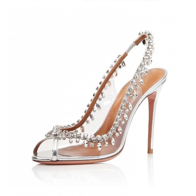 

Sandals High Heels 2018 Summer New Beading Sexy Peep Toe Female Sandals Slip On Transparent Patchwork Woman Party Dress Shoes