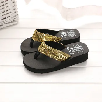 

New Brand Summer Fashion Female Womens Outdoor Indoor Sequin Wedge Flip Flops Shoes Beach Sandals Ladies Comfortable Slippers