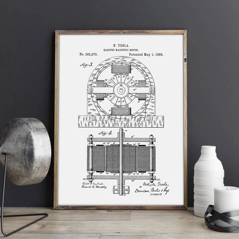 For Tesla Electro Motor Patent Poster Canvas Prints