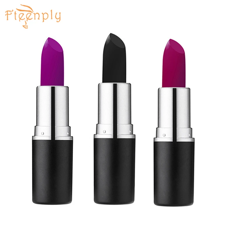 

FTEENPLY 1PCS 3-Color Matte Moisturizing Bullet Lipstick Romantic Pink Pure Black Rose Purple Lip Halloween Ball