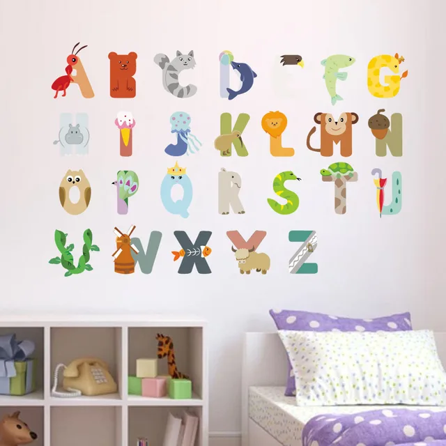 diy cartoon abc letter wall sticker pvc cute animal kids room wall