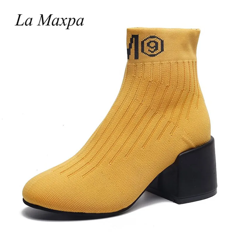 

Womens Knitting Socks Ankle Boots Square Thick Heel Chunky Pull On Shoes Stretch Casual Round Toe Black Yellow Slip On Boots