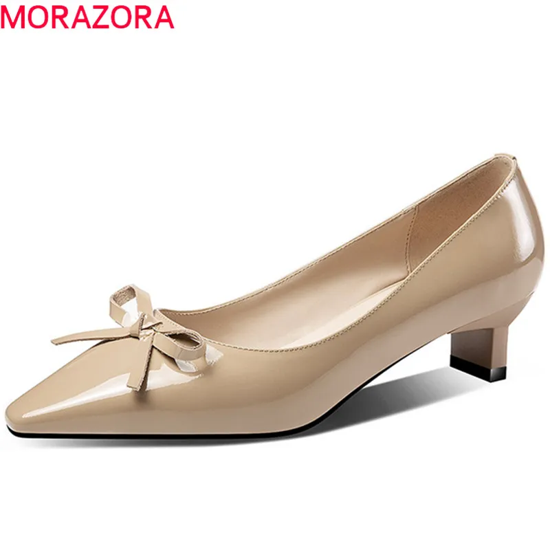 

MORAZORA 2019 top quality genuine leather women pumps pointed toe spring summer dress shoes bowknot slip on office shoes woman