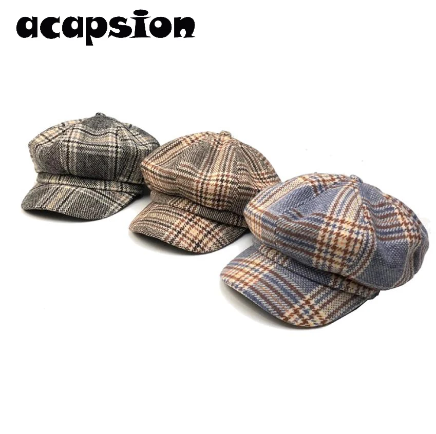 

Woolen Octagonal Hat Fashion Women Vintage Beret Cap Cabbie Newsboy Cap Flat Peaked Hat Plaid Beret Retro British Octagonal A041