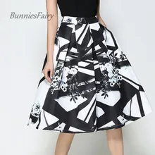 BunniesFairy, элегантные модные юбки с геометрическим принтом для женщин, высокая талия, длинная Плиссированная Юбка для офисных леди, офисная одежда