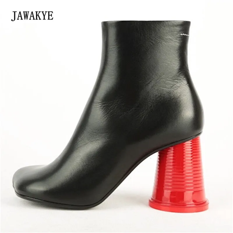 

2017 Real Leather Red Cup Heel Ankle Boots Women Square Toe Strange Heel Shoes Woman Fashion Martin Boots