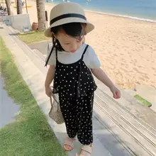 Детский летний хлопковый комбинезон без рукавов с оборками и волнистым принтом в горошек для девочек 2-7 лет