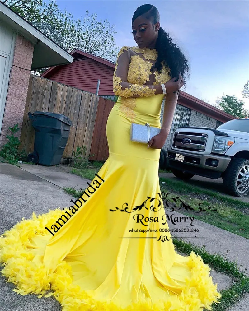 

Sexy Yellow Feather Mermaid Prom Dresses 2k19 Vintage Lace Plus Size Long Sleeves African Arabic 2019 vestidos de fiesta de noch
