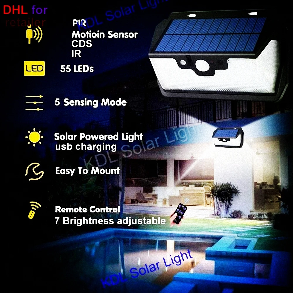 

55 LED 900lm Solar Light remote control radar smart 3 side lighting Edison2011 LEDs Solar Po camp street wall lamp yard camp g