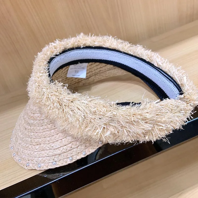 Новая ручная работа женская шляпа с козырьком от солнца Raffia, с бахромой, жемчугом, с большими широкими полями, УФ-шляпа для защиты от солнца, летняя пляжная шляпа для девочек, свободный размер