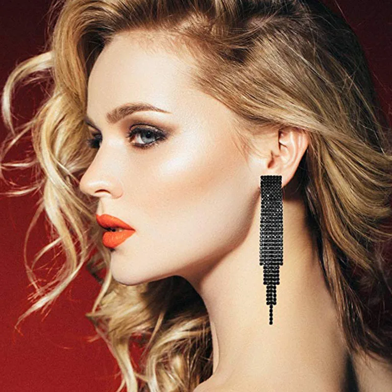 Tel Long Black Earrings Statement Great Gatsby Rhinestone Crystal Earrings 1009 1 2