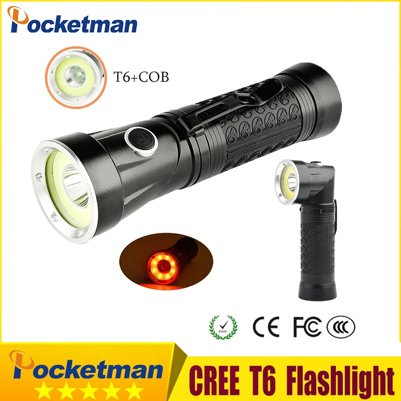 

Newest XML-T6+Red COB 2300Lumens Head can rotate Magnetic Tail LED 18650 Flashlight 4-Modes Torch for Outdoor Camping z10