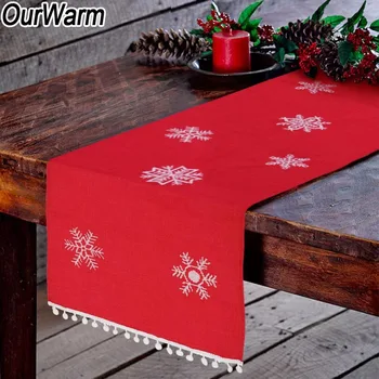 

OurWarm 41x183cm Christmas Embroidered Table Runner Snowflake Red Table Runner Christmas Decoration for Home New Year Gift