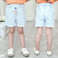 Летние Шорты для девочек повседневная одежда для малышей цветные джинсовые штаны на пуговицах модная одежда для девочек Vestidos, для детей 6, 8, 10, 12 лет