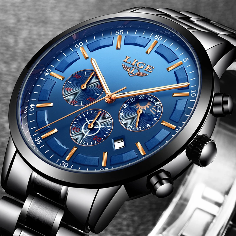 Tanie 2018 LIGE zegarek moda męska sport zegarki kwarcowe Top marka luksusowa faza księżyca wodoodporny zegarek biznesowy Relogio Masculino