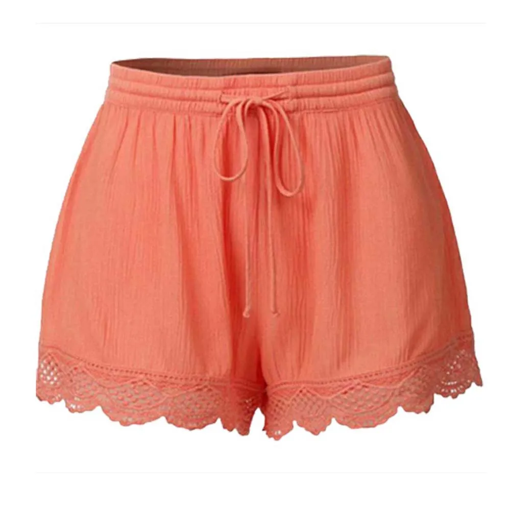 

Dropshiping Womens Elastic Waist Drawstring Pants Summer Lace Hem Beach Shorts Pants Solid Color Lace-up Shorts Casual Pants