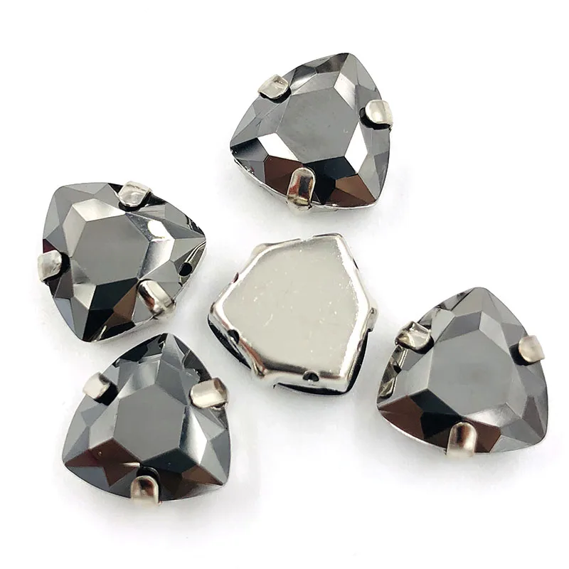  12mm Fat Triangle Metallic black High quality Glass Crystal sew on rhinestones sliver base with hol - 32883846641