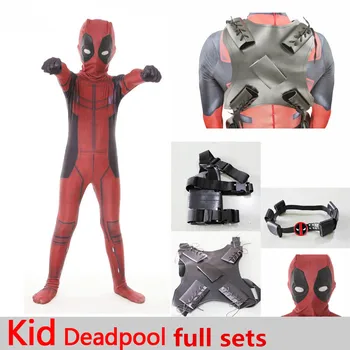 

2019 New Deadpool Costume Kids Spandex Lycra Zentai Bodysuit Halloween Cosplay Suit Belt Headwear Mask Sword holster