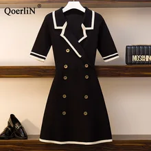 QoerliN Summer New Large Size Women Double-Breasted Ice Silk Knitted Short Sleeve Dress Black A-Line Dresses Plus Size Big Size chicever knitted irregular summer dress female short sleeve perspective hit colors loose big size black dresses for women new