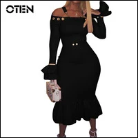 OTEN-Sexy-Womens-Long-Flare-sleeve-Off-shoulder-Sling-Ruffle-Patchwork-Club-Party-Wear-Bodycon-Mid