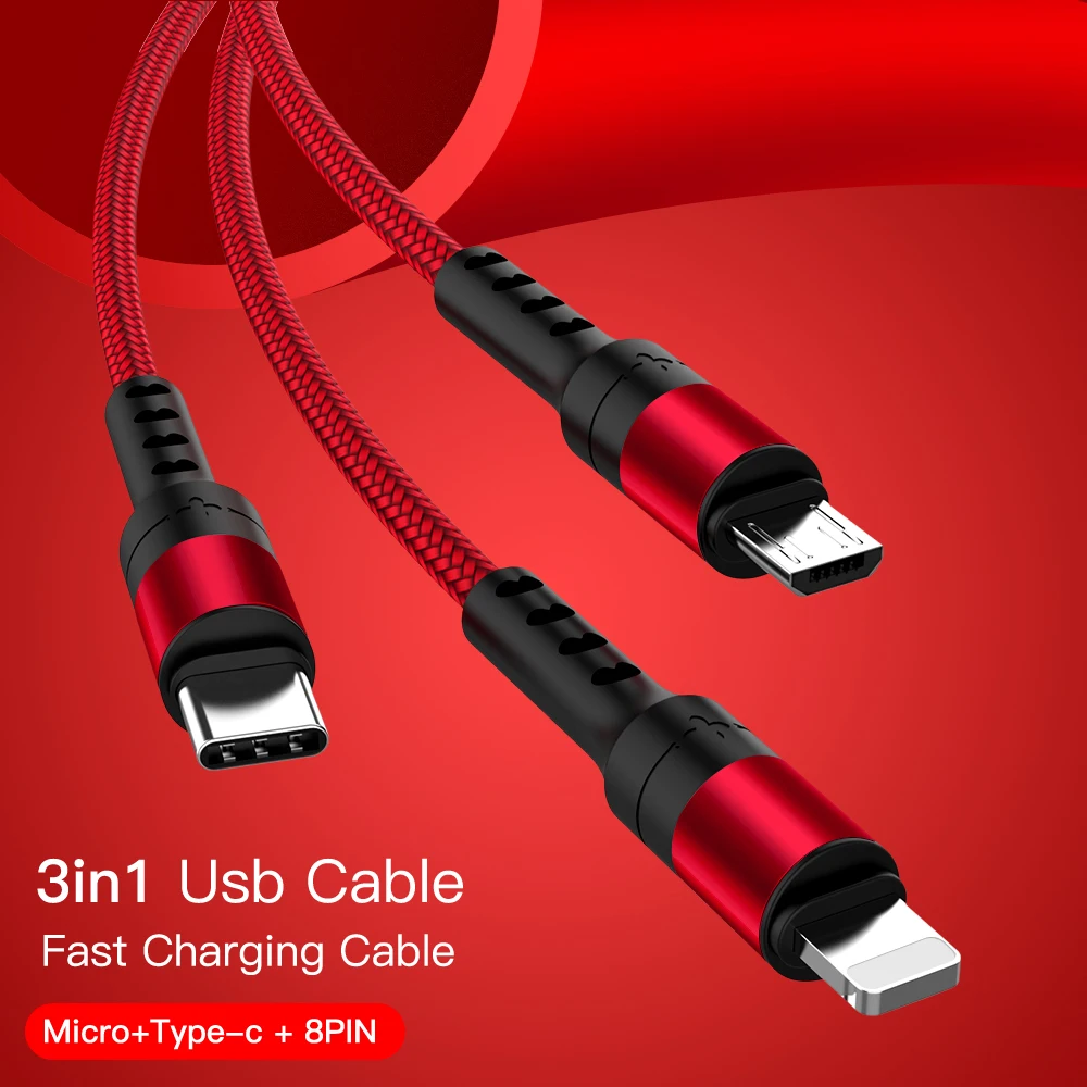 3 в 1 USB кабель 8Pin type C Micro USB быстрая зарядка кабель для iPhone X 8 7 Plus samsung S9 S10 Xiaomi Mi6 провод для быстрой зарядки